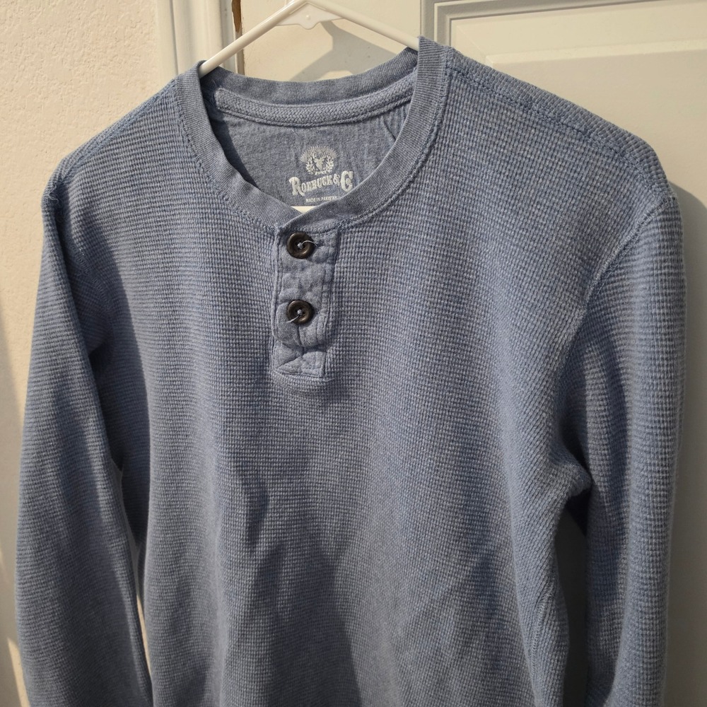 Roebuck & Co Mens Large Blue Waffle Knit Henley Long Sleeve Thermal Shirt